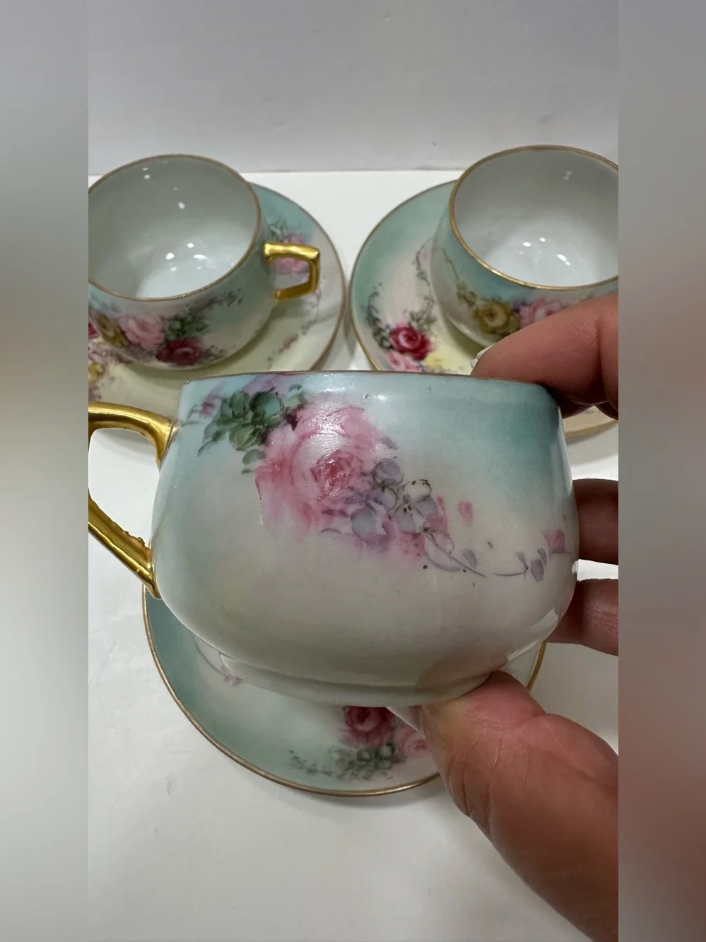Lot Of 3 Unmarked Bavarian Style Hand Painted Porcelain Tea Cup Set Aqua Blue
